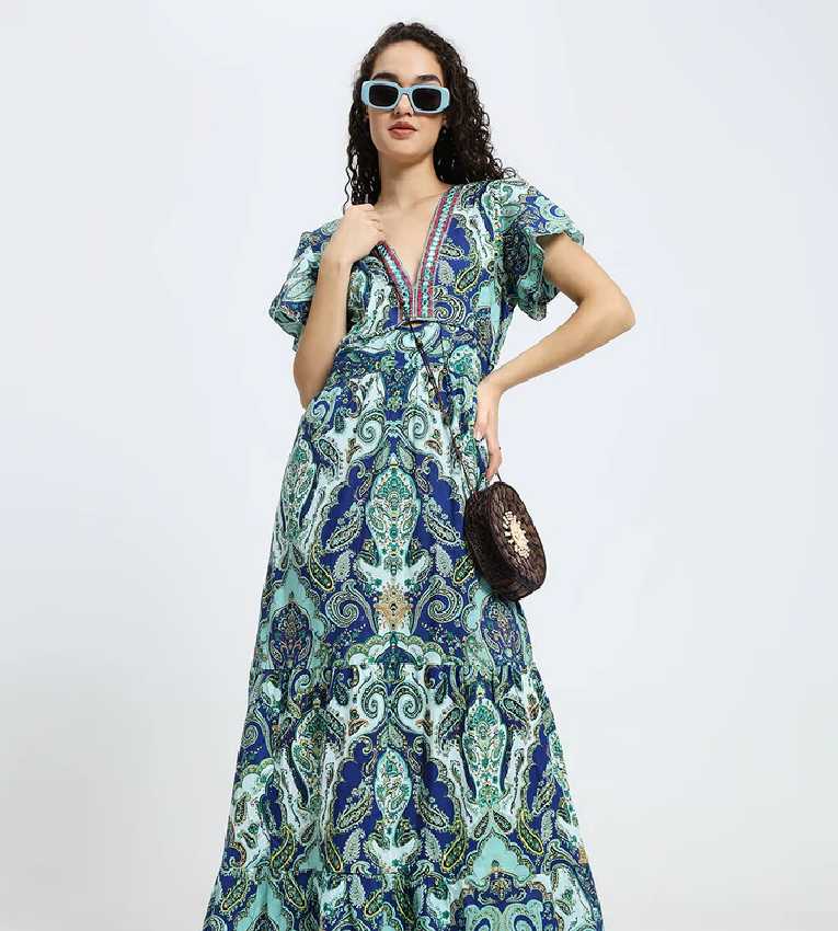 Embroidery V Neck Cotton Long Dress