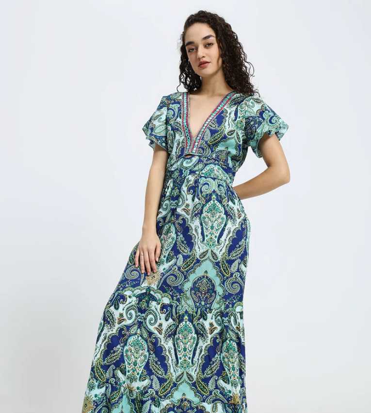 Embroidery V Neck Cotton Long Dress