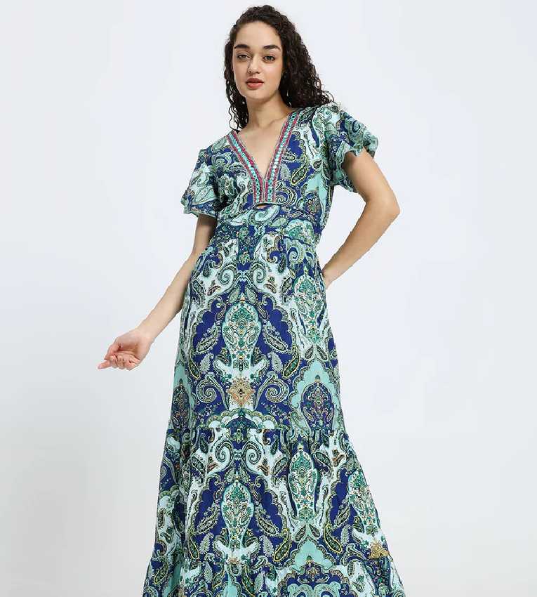Embroidery V Neck Cotton Long Dress