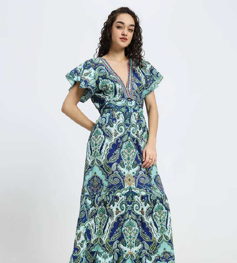 Embroidery V Neck Cotton Long Dress