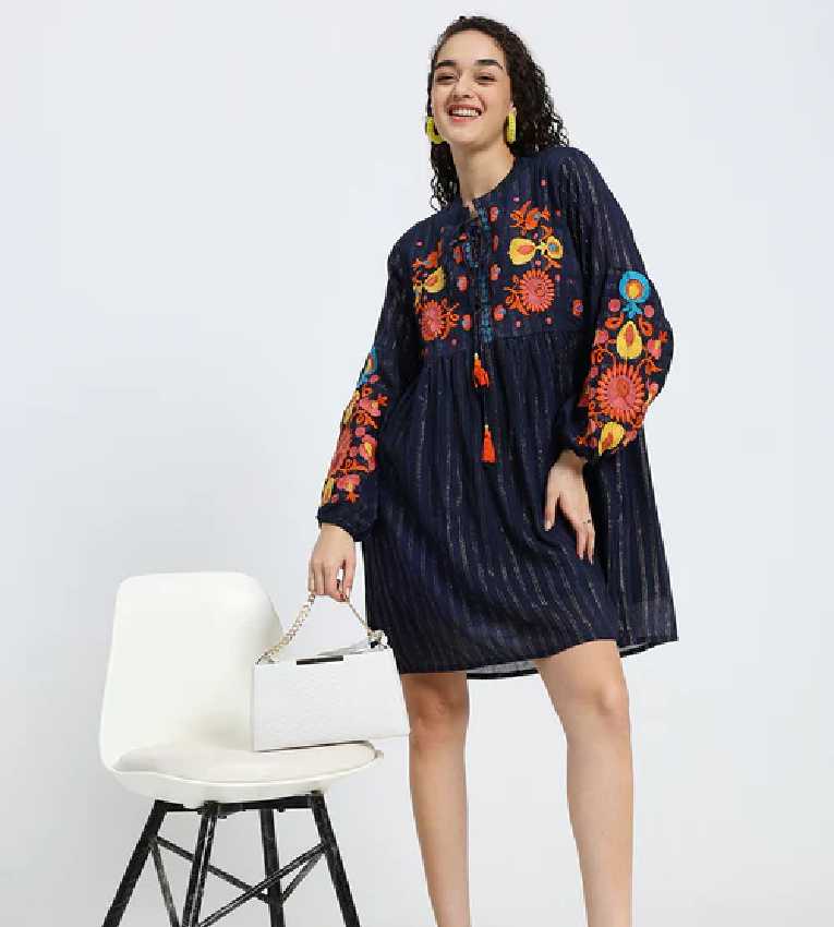 Lurex Embroidered Short Dress in Blue