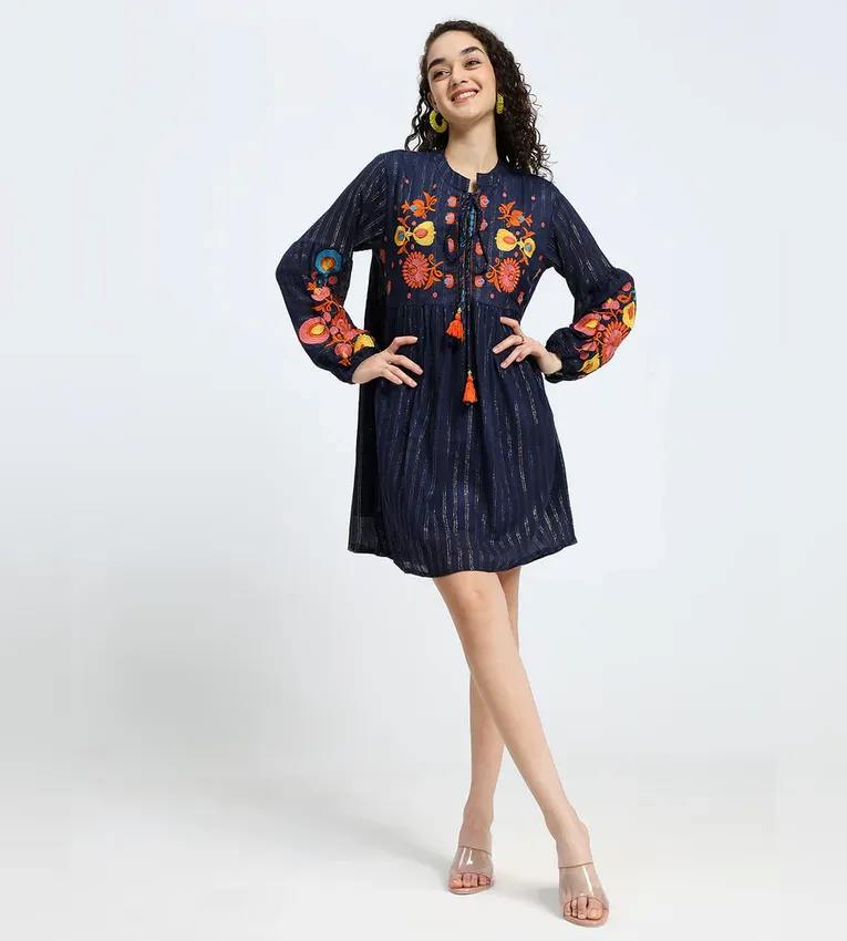 Lurex Embroidered Short Dress in Blue