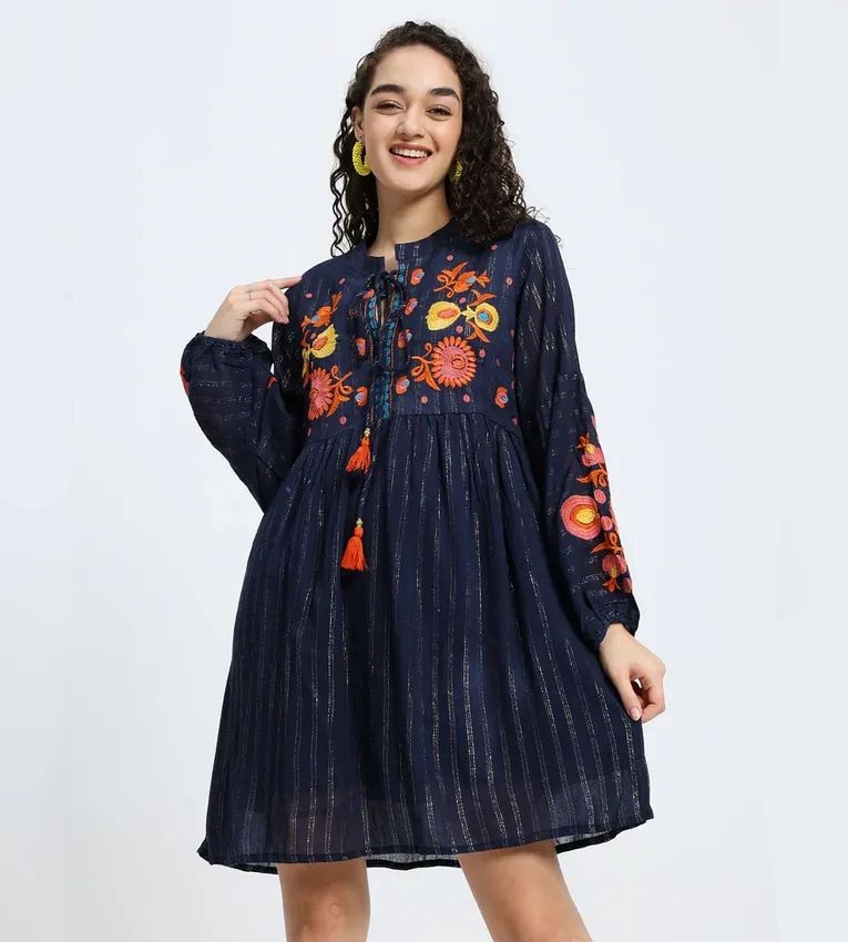 Lurex Embroidered Short Dress in Blue